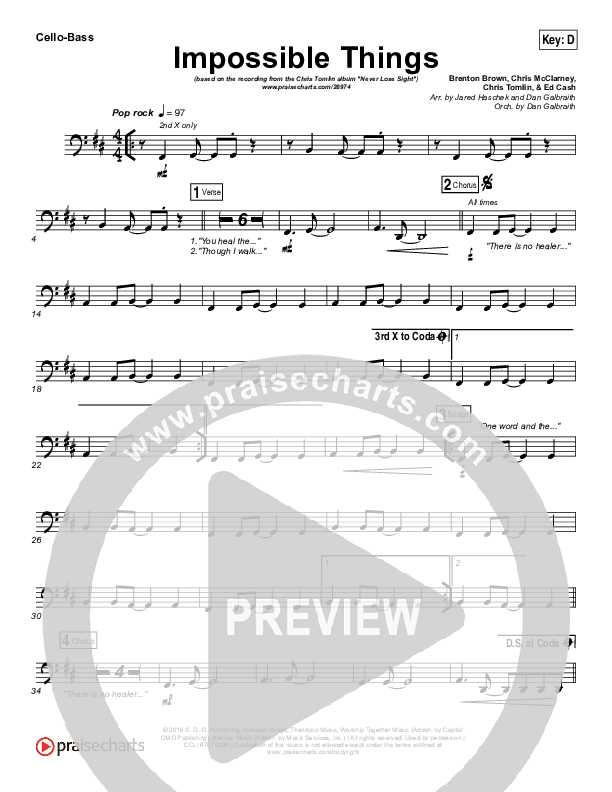 Impossible Things Cello/Bass (Chris Tomlin / Danny Gokey)