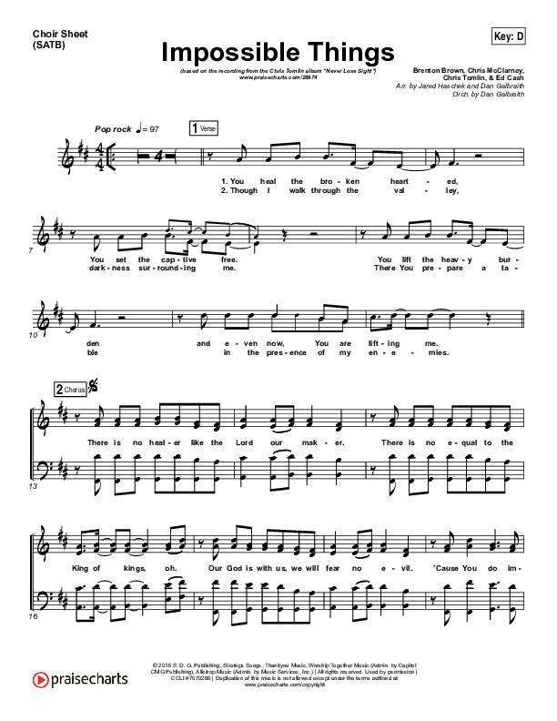 Impossible Things Choir Sheet (SATB) (Chris Tomlin / Danny Gokey)