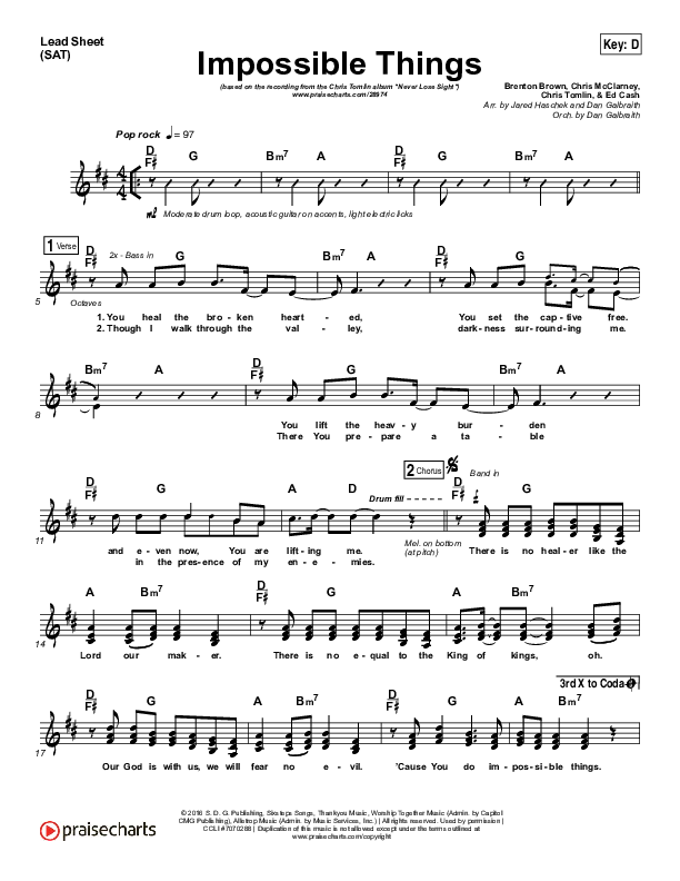 Impossible Things Lead Sheet (SAT) (Chris Tomlin / Danny Gokey)