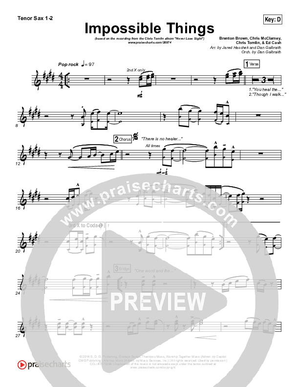 Impossible Things Tenor Sax 1/2 (Chris Tomlin / Danny Gokey)
