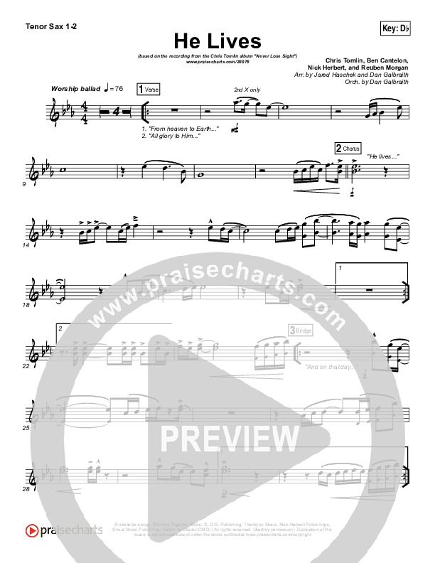 He Lives Tenor Sax 1/2 (Chris Tomlin)