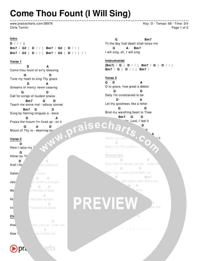 Come Thou Fount (I Will Sing) Chords & Lyrics (Chris Tomlin)