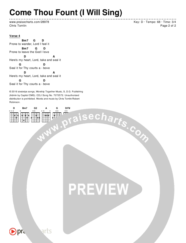 Come Thou Fount (I Will Sing) Chords & Lyrics (Chris Tomlin)