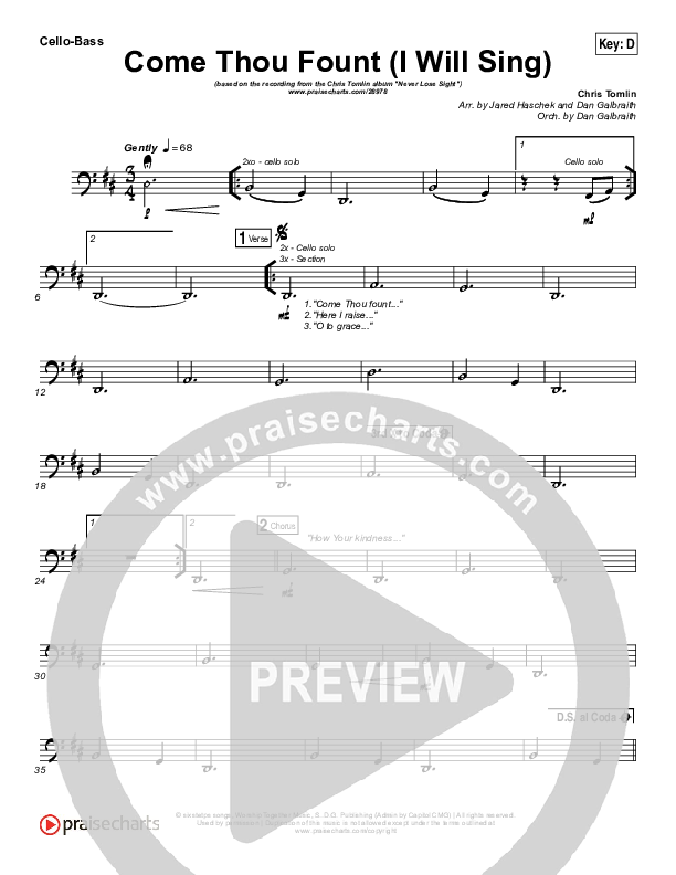 Come Thou Fount (I Will Sing) Cello/Bass (Chris Tomlin)