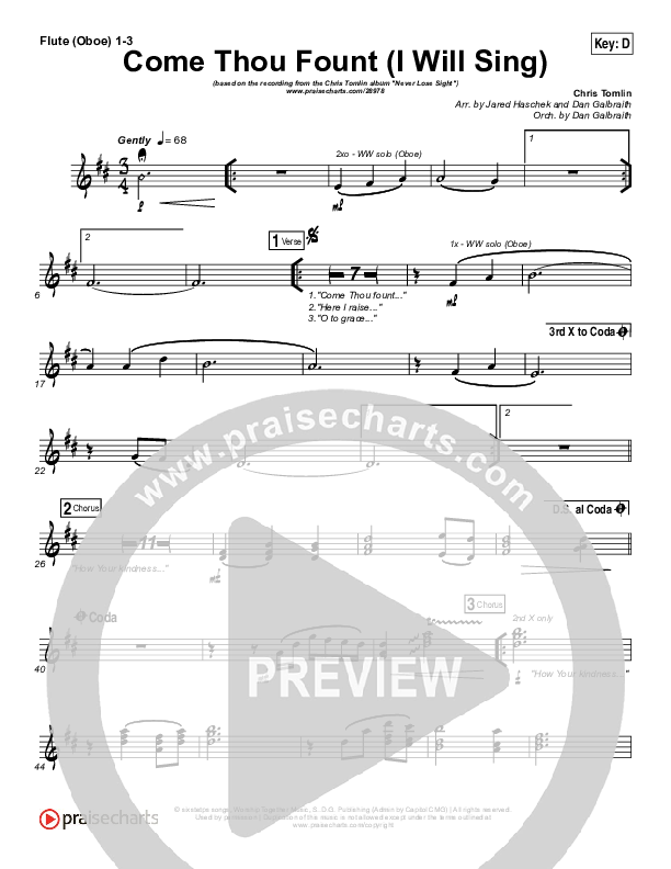 Come Thou Fount (I Will Sing) Flute/Oboe 1/2/3 (Chris Tomlin)