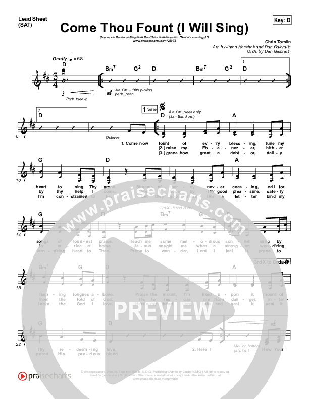 Come Thou Fount (I Will Sing) Lead Sheet (SAT) (Chris Tomlin)