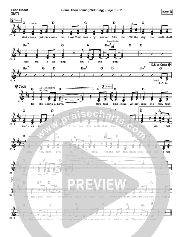 Come Thou Fount (I Will Sing) Lead Sheet (SAT) (Chris Tomlin)