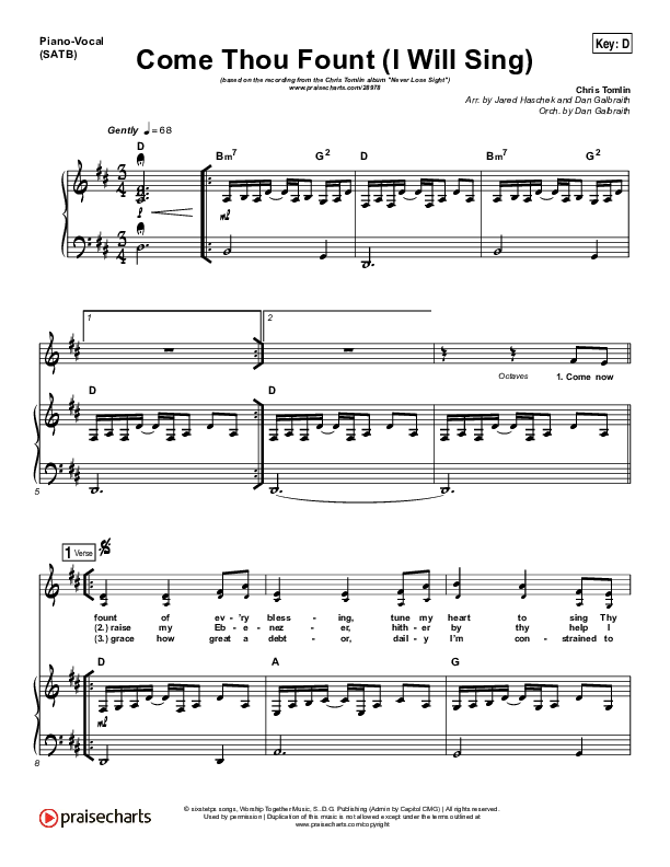 Come Thou Fount (I Will Sing) Piano/Vocal (SATB) (Chris Tomlin)