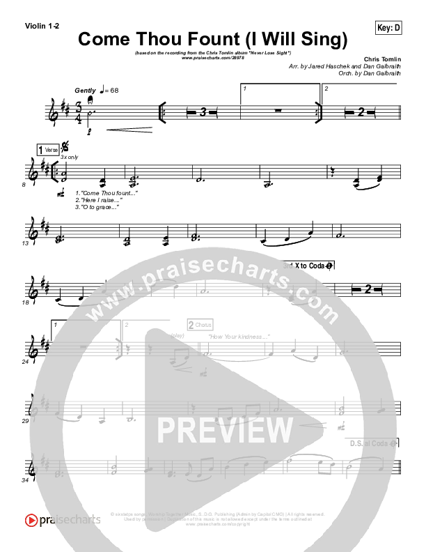 Come Thou Fount (I Will Sing) Violin 1/2 (Chris Tomlin)