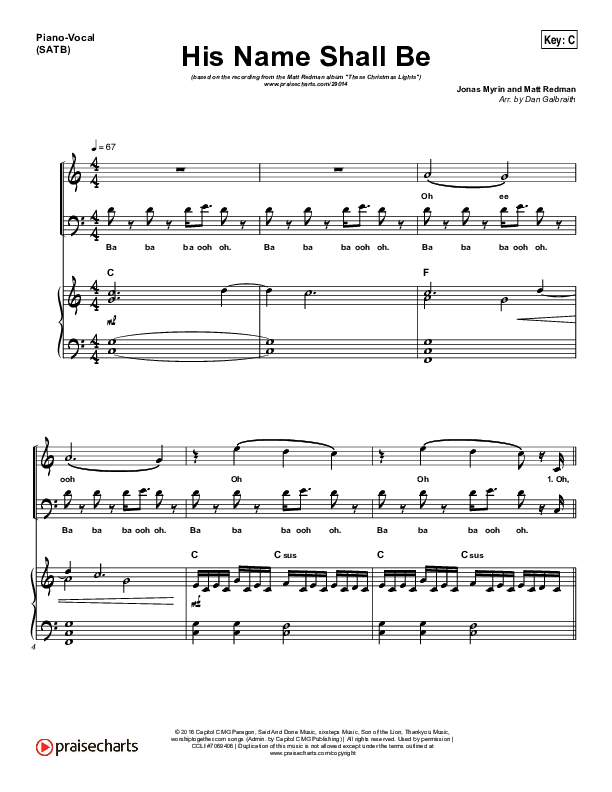His Name Shall Be Piano/Vocal (SATB) (Matt Redman)