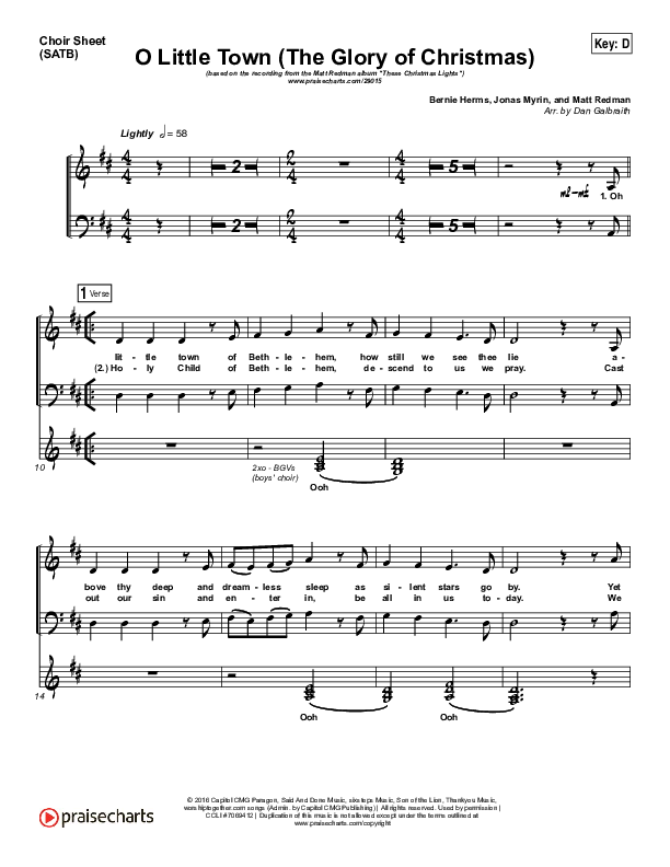 O Little Town (The Glory Of Christmas) Choir Vocals (SATB) (Matt Redman)