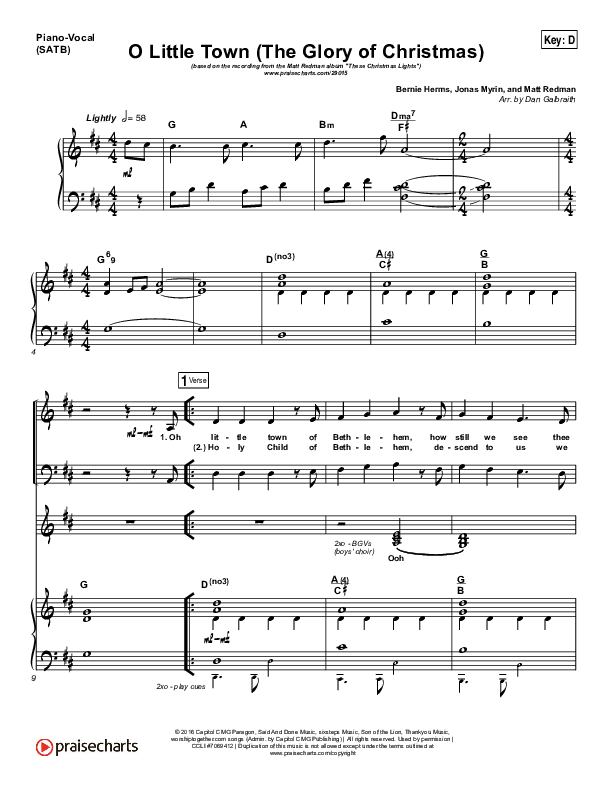 O Little Town (The Glory Of Christmas) Piano/Vocal (Print Only) (Matt Redman)