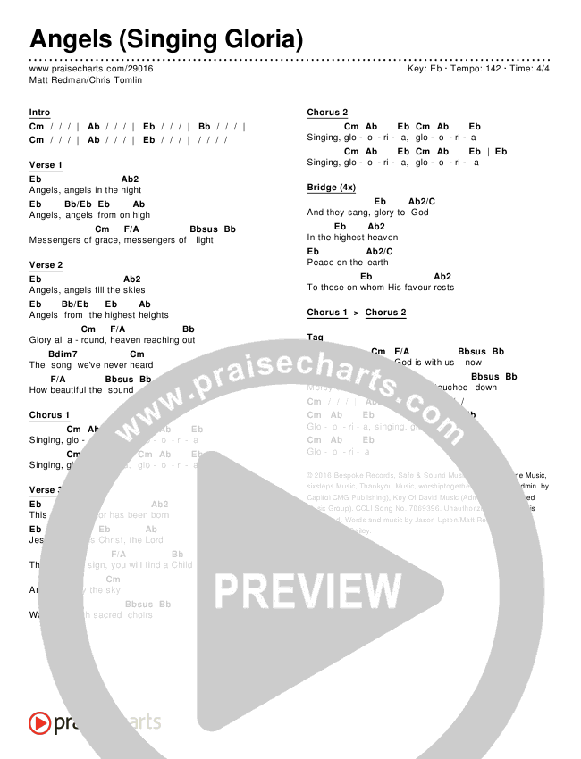 Angels (Singing Gloria) Chords & Lyrics (Matt Redman / Chris Tomlin)