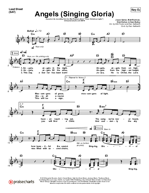 Angels (Singing Gloria) Lead Sheet (SAT) (Matt Redman / Chris Tomlin)