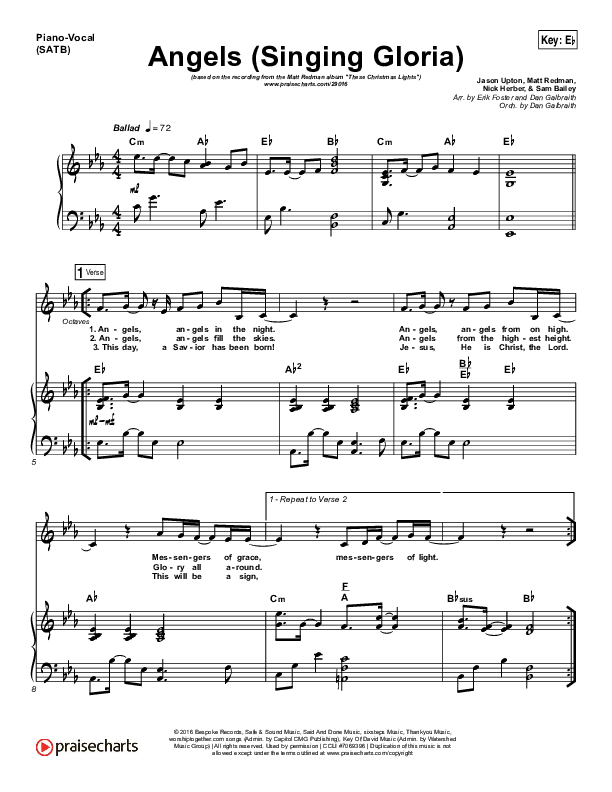 Angels (Singing Gloria) Piano/Vocal (SATB) (Matt Redman / Chris Tomlin)