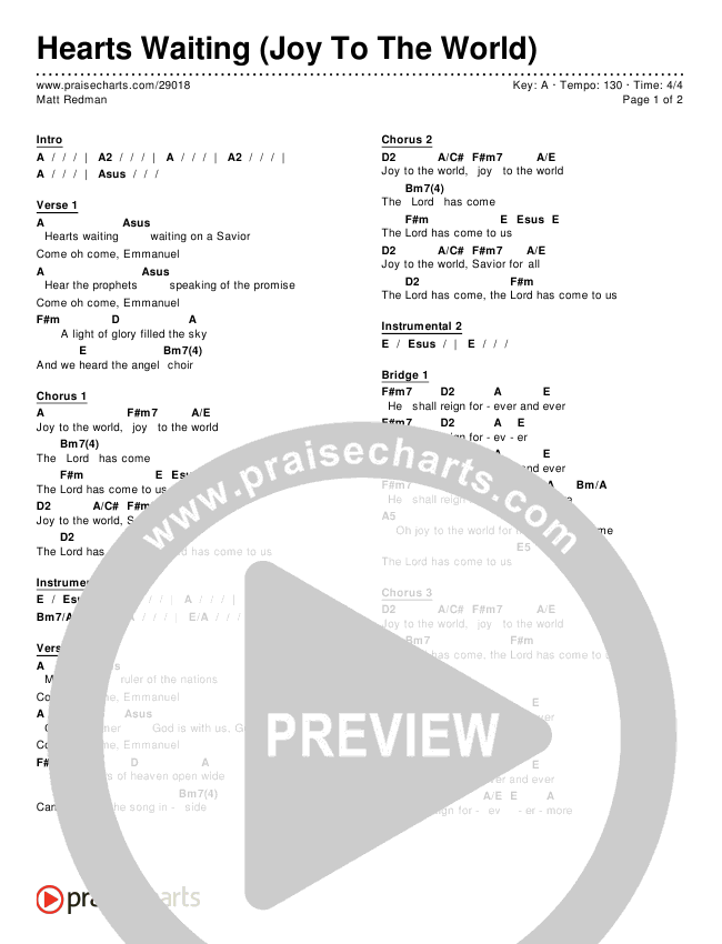 Hearts Waiting (Joy To The World) Chords & Lyrics (Matt Redman)