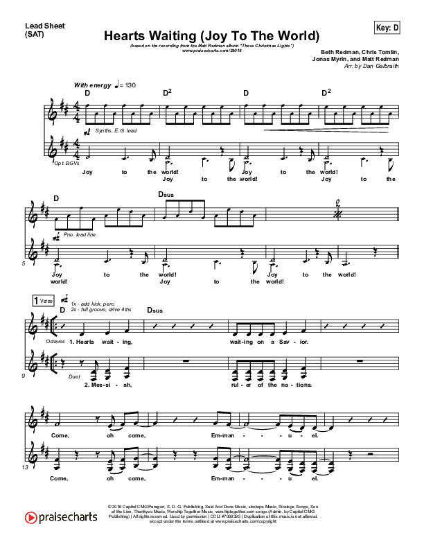 Hearts Waiting (Joy To The World) Lead Sheet (SAT) (Matt Redman)