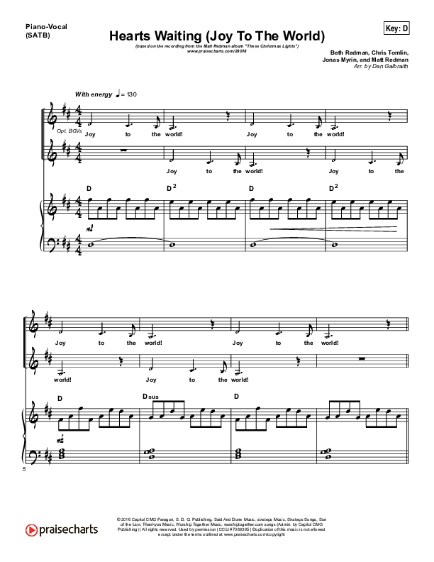 Hearts Waiting (Joy To The World) Piano/Vocal (SATB) (Matt Redman)