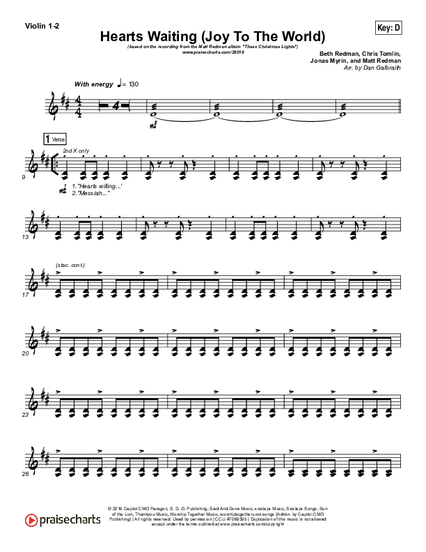Hearts Waiting (Joy To The World) Violin 1/2 (Matt Redman)