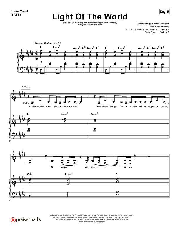 Light Of The World Piano/Vocal (SATB) (Lauren Daigle)