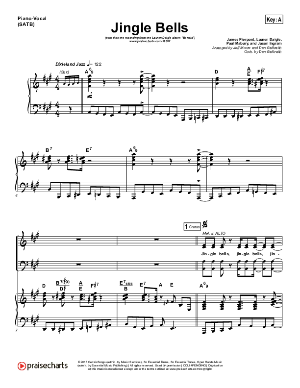 Jingle Bells Piano/Vocal (SATB) (Lauren Daigle)