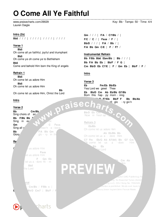 O Come All Ye Faithful Chords & Lyrics (Lauren Daigle)