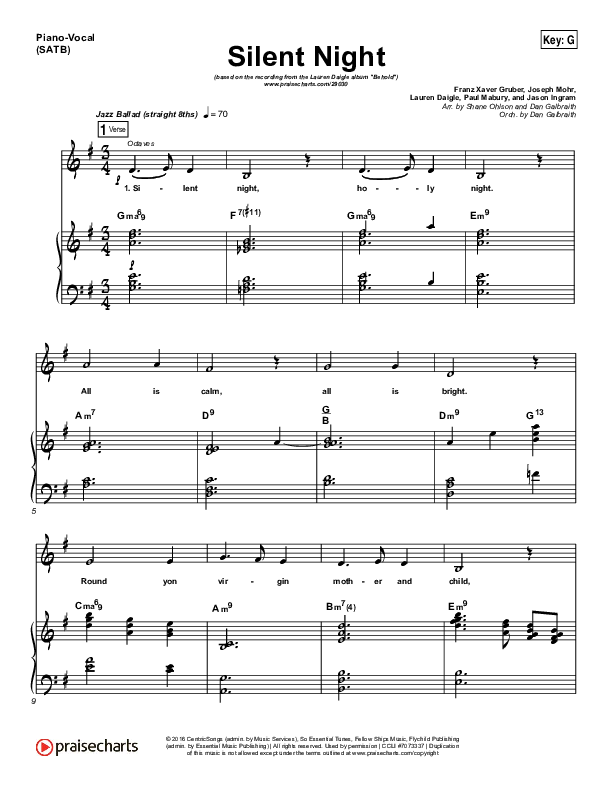 Silent Night Sheet Music PDF Lauren Daigle PraiseCharts