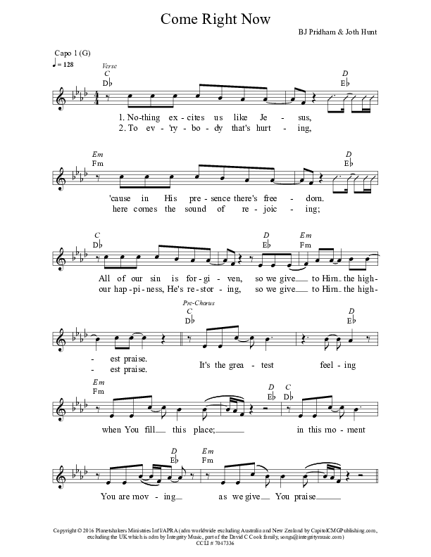 Come Right Now Lead Sheet (Planetshakers)
