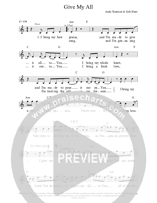 Give My All Lead Sheet (Planetshakers)