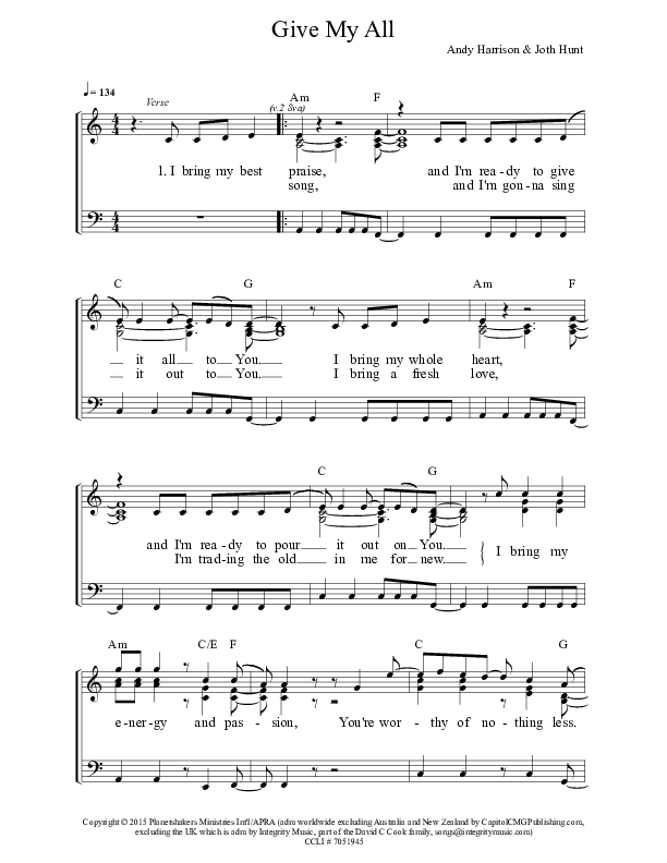 Give My All Piano/Vocal (Planetshakers)