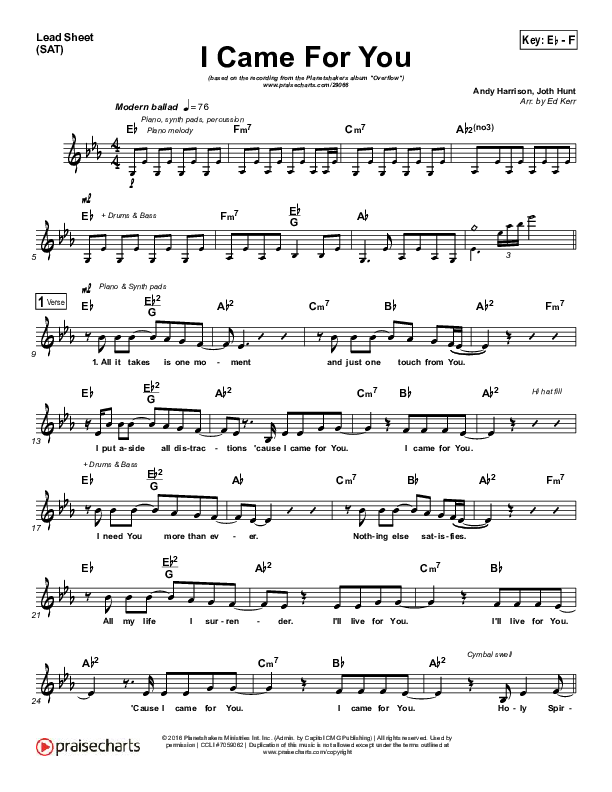 I Came For You Lead Sheet (Planetshakers)