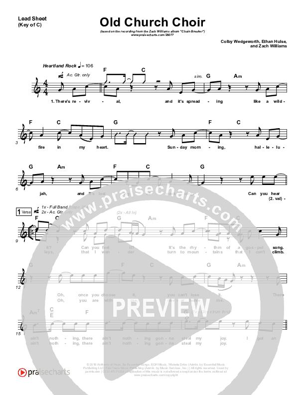 Old Church Choir Lead Sheet (Melody) (Zach Williams)
