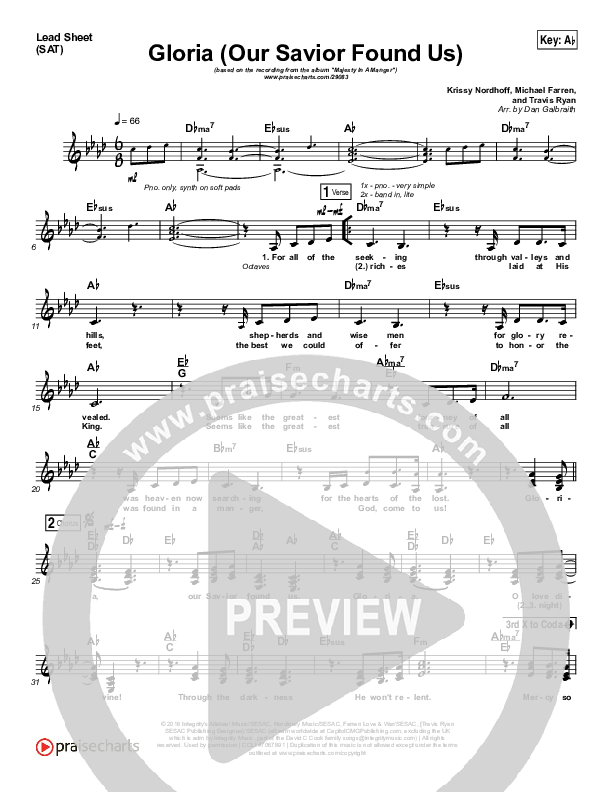 Gloria (Our Savior Found Us) Lead Sheet (SAT) (Darlene Zschech)