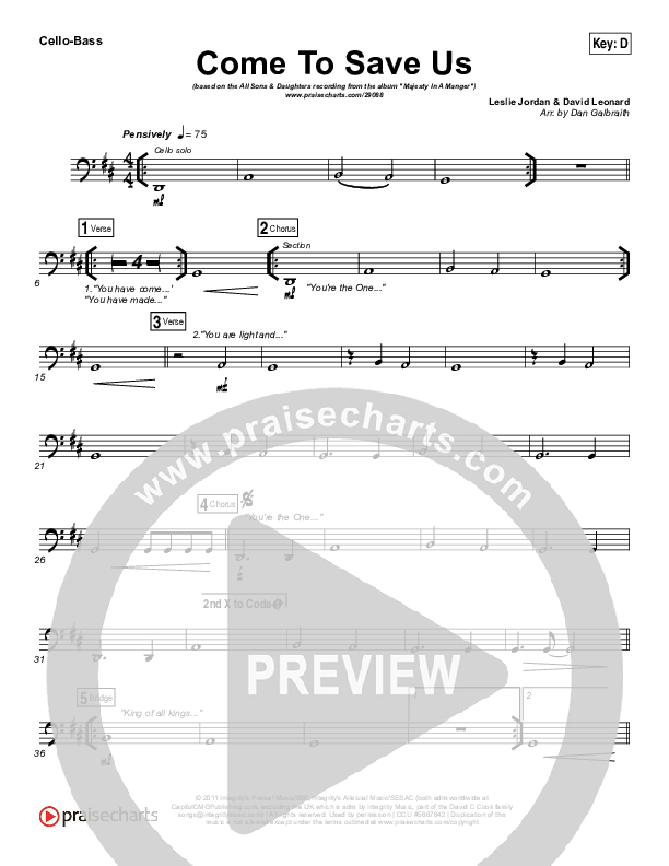 Come To Save Us Cello/Bass (All Sons & Daughters)