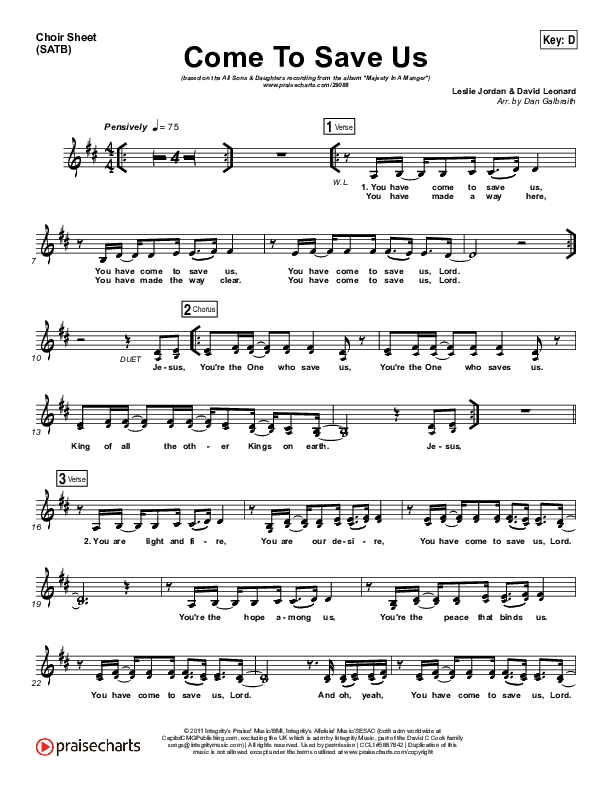 Come To Save Us Choir Sheet (SATB) (All Sons & Daughters)