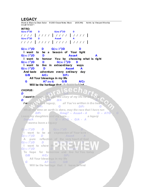 Legacy Chords & Lyrics (Dean Salyn)