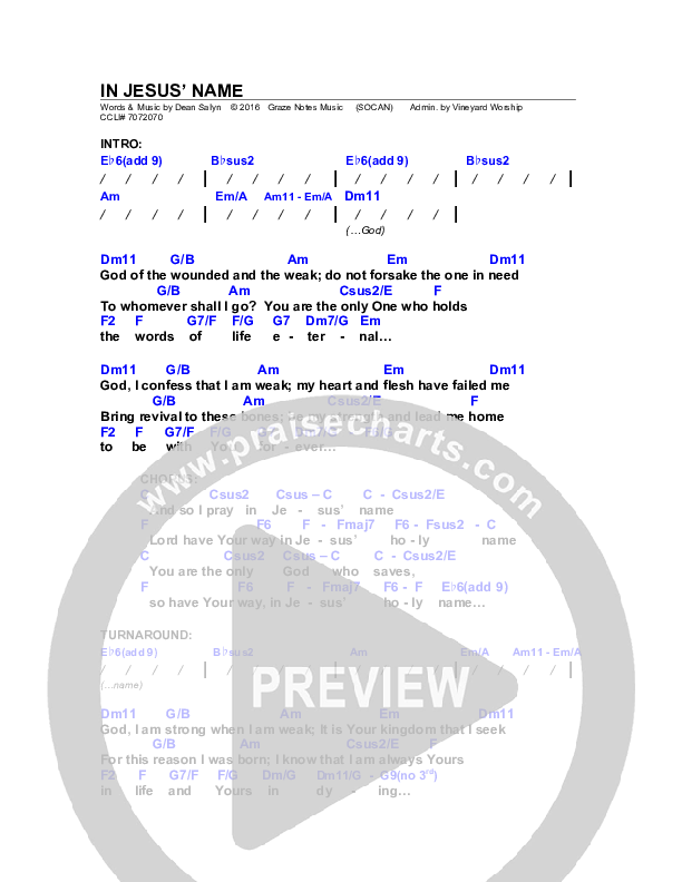 In Jesus' Name Chords & Lyrics (Dean Salyn)