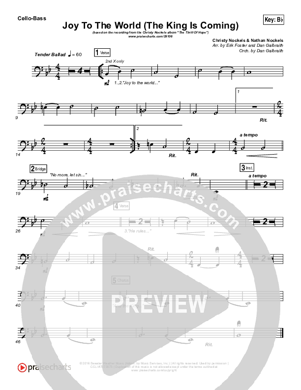 Joy To The World (The King Is Coming) Cello/Bass (Christy Nockels)