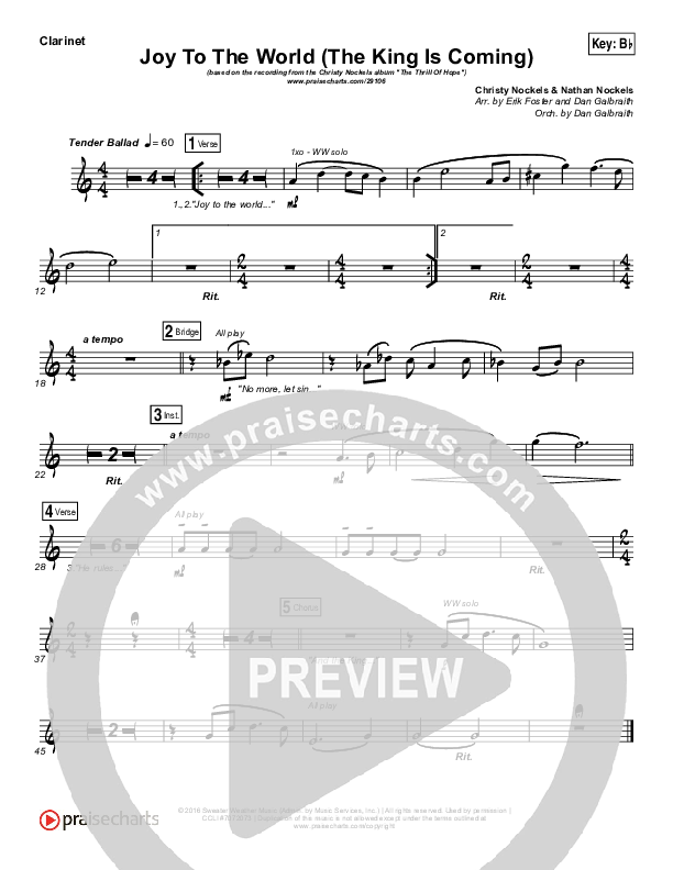 Joy To The World (The King Is Coming) Clarinet (Christy Nockels)