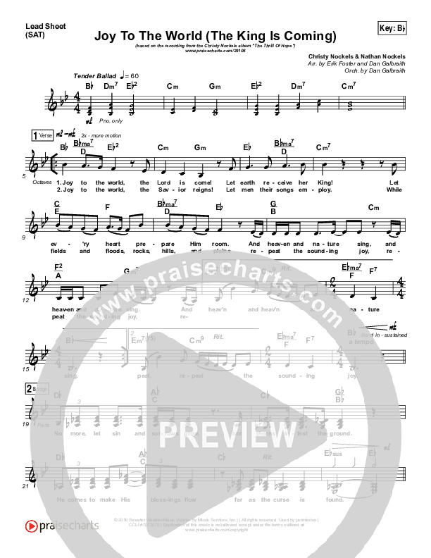 Joy To The World (The King Is Coming) Lead Sheet (SAT) (Christy Nockels)