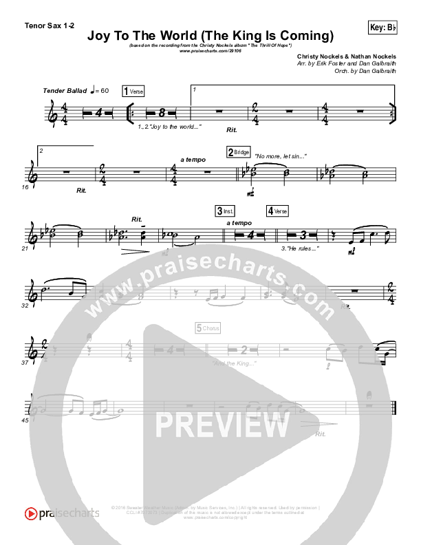 Joy To The World (The King Is Coming) Tenor Sax 1/2 (Christy Nockels)