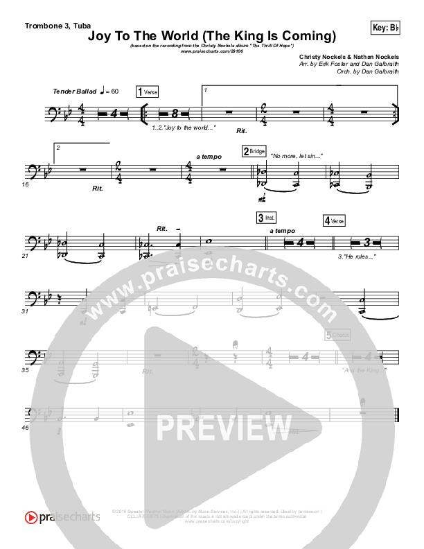 Joy To The World (The King Is Coming) Trombone 3/Tuba (Christy Nockels)