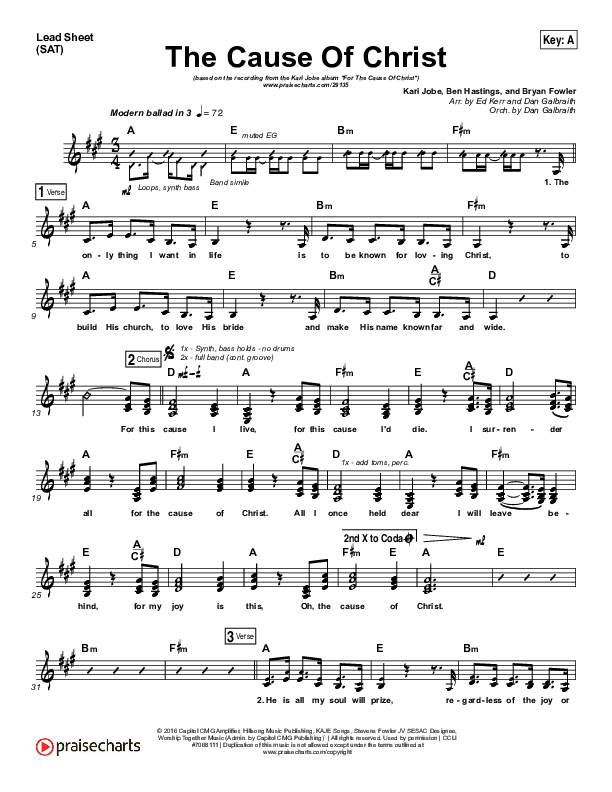 The Cause Of Christ Lead Sheet (SAT) (Kari Jobe)