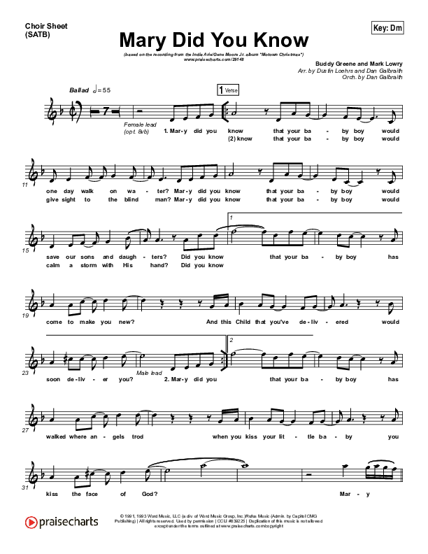 Mary Did You Know Choir Sheet (SATB) (India Arie / Gene Moore Jr.)
