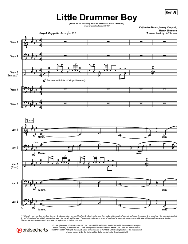 Little Drummer Boy Vocal Sheet (Pentatonix)