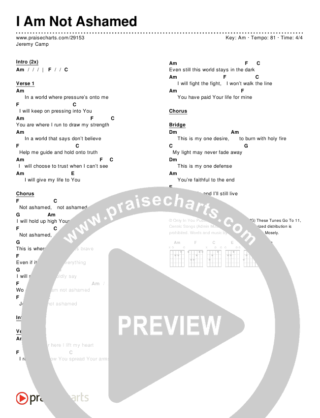 I Am Not Ashamed Chords & Lyrics (Jeremy Camp)