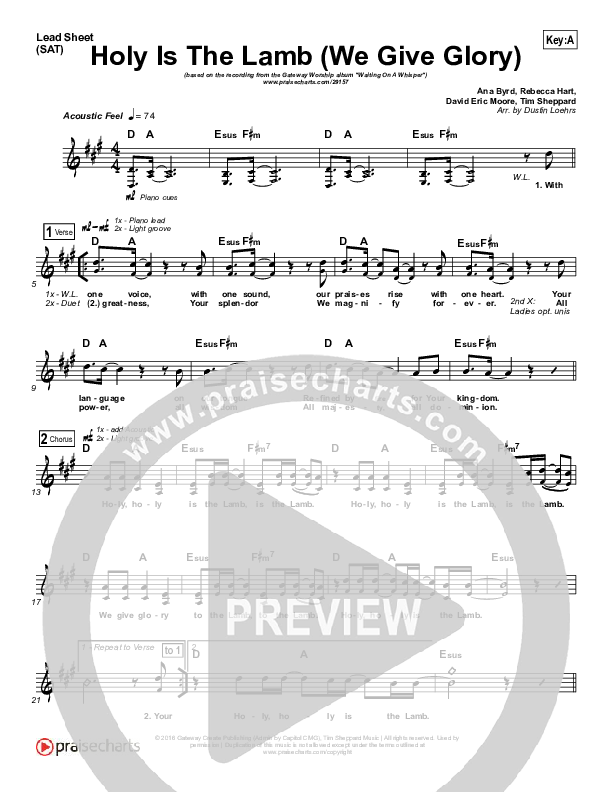 Holy Is The Lamb (We Give Glory) Lead Sheet (SAT) (Gateway Devotions)