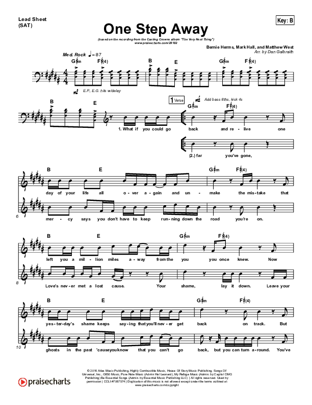 One Step Away Lead Sheet (Print Only) (Casting Crowns)