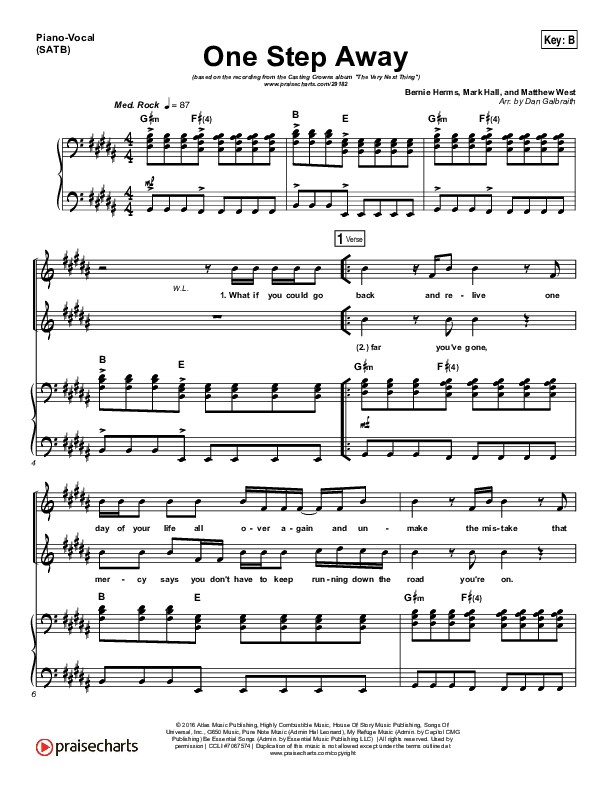 One Step Away Piano/Vocal (Print Only) (Casting Crowns)