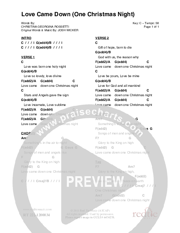 Love Came Down (One Christmas Night) Chords & Lyrics (Red Tie Music)